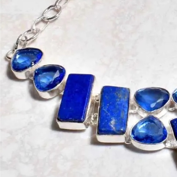 Sophisticated Lapis Lazuli + Blue Topaz statement cluster Necklace - Picture 10 of 12